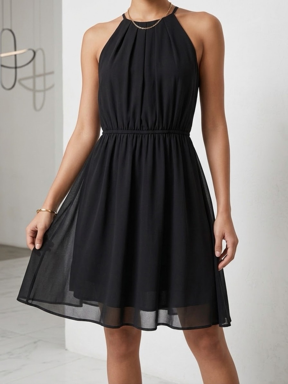 LUSH Black Pleated High Neck Mini Dress Size M